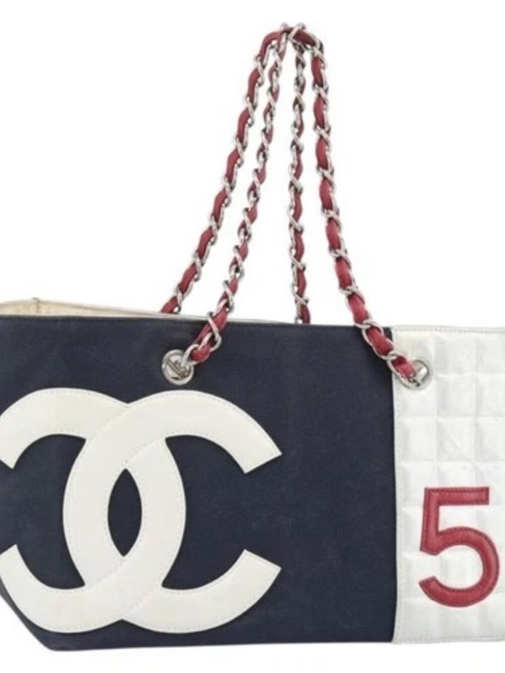 CHANEL Choco Bar Chain Tote Bag No5 Canvas Navy Silver CC Auth 188914